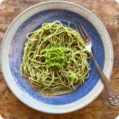 Buckwheat Soba Noodles with Matcha Pea Pesto